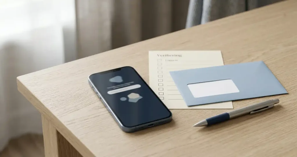 Mobiltelefon med neutral kodruta intill pappersanteckningar och en penna på ett skrivbord