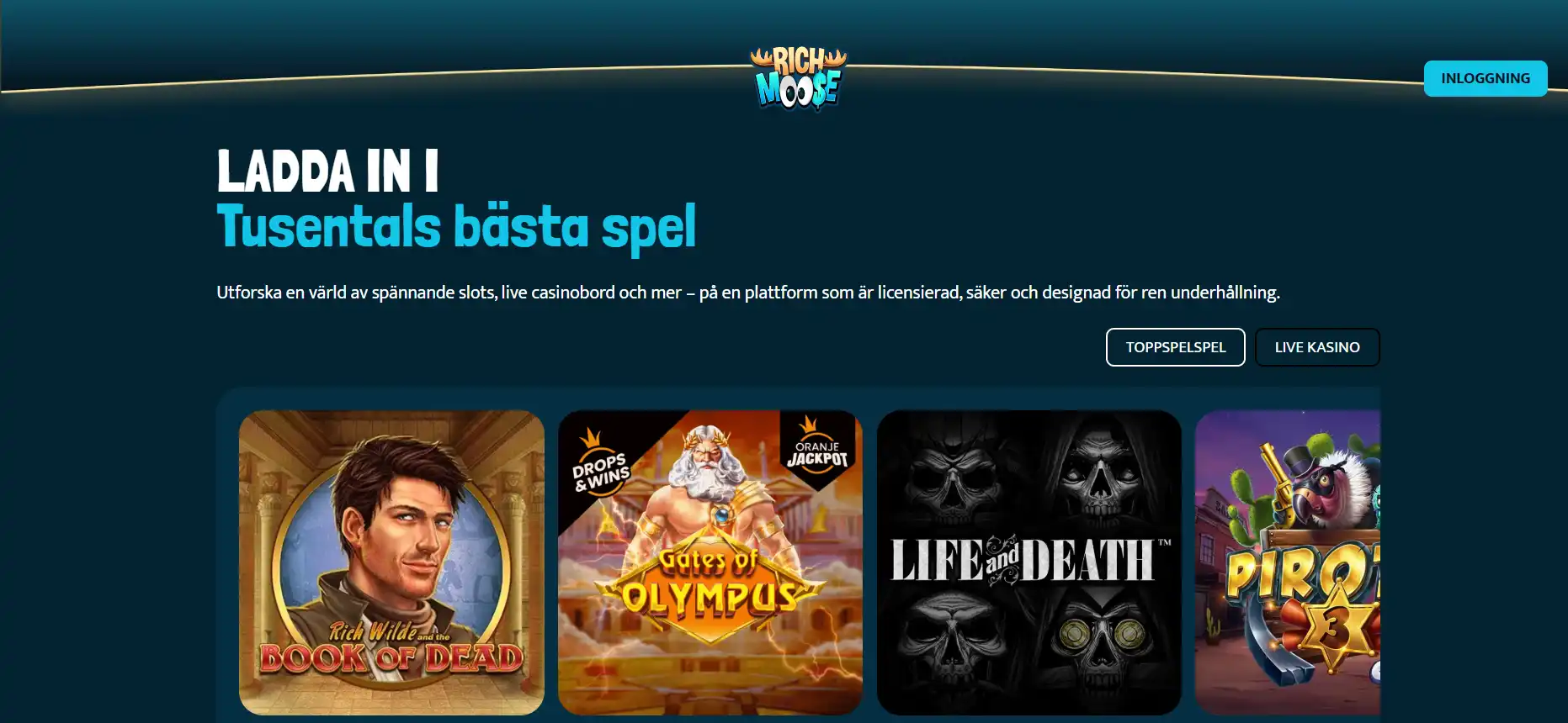 Rich Moose Casinos spelöversikt med spelkategorier och spelbilder